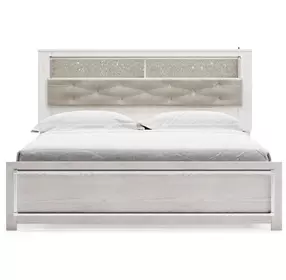 Altyra White and Gray King Upholstered Bookcase Panel Bed with LED