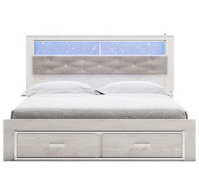 Altyra White and Gray King Upholstered Bookcase Storage Bed with LED