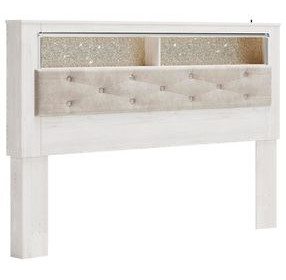Altyra White and Gray King Upholstered Panel Bookcase Headboard with LED