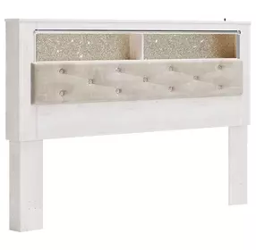 Altyra White and Gray King Upholstered Panel Bookcase Headboard with LED