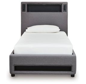 Wronske Gray Twin Upholstered Panel Bed with LED
