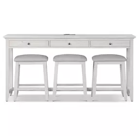 Surfside Weathered White Performance Fabric Upholstered Rectangular Console Table with Stools and USB Charging