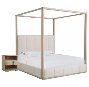 Carino Sand Cerused and Beige King Upholstered Canopy Bedroom Set