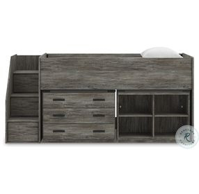 Frandern Gray Twin Loft Bed with Bookcase and Drawer Storage