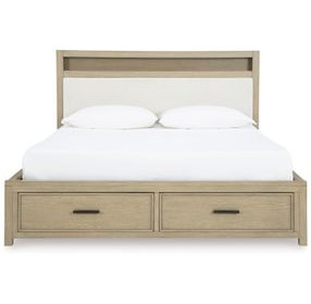 Calmoro Gray Wash and White King Upholstered Bookcase Storage Panel Bed with USB Charging