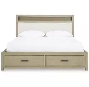 Calmoro Gray Wash and White King Upholstered Bookcase Storage Panel Bed with USB Charging