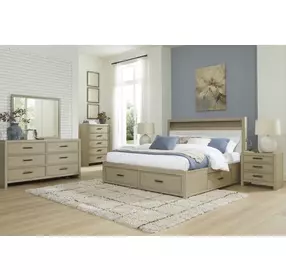 Calmoro Gray Wash and White Upholstered Bookcase Storage Panel Bedroom Set with USB Charging