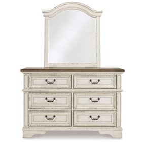 Realyn Chipped White and Brown 6 Drawer Dresser and Arched Mirror