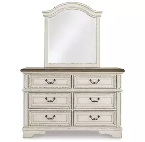 Realyn Chipped White and Brown 6 Drawer Dresser and Arched Mirror