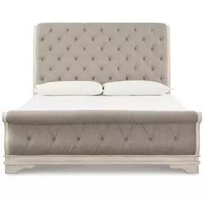 Realyn Gray and Distressed White California King Upholstered Sleigh Bed