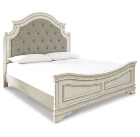 Realyn Chipped White King Upholstered Panel Bed