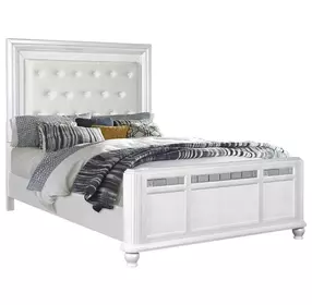 B00764 White Upholstered Queen Panel Bed with Lighted Headboard