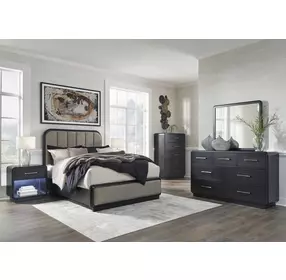 Rowanbeck Gray and Black Upholstered Panel Bedroom Set