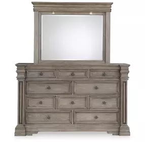 Blairhurst Light Grayish Brown 10 Drawer Dresser and Rectangular Mirror with LED