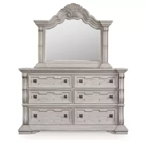 Andonhall Antique White 6 Drawer Dresser and Arched Mirror