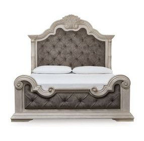 Valleymont Antique White and Gray California King Upholstered Panel Bed