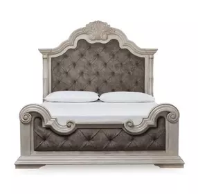 Andonhall Antique White and Gray California King Upholstered Panel Bed