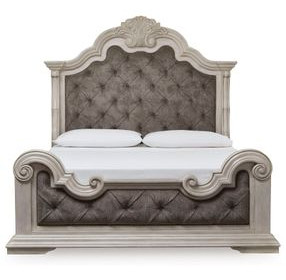Valleymont Antique White and Gray King Upholstered Panel Bed