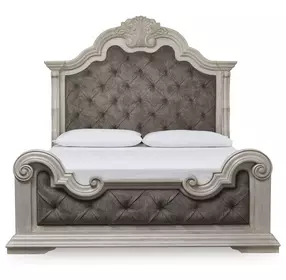 Andonhall Antique White and Gray King Upholstered Panel Bed