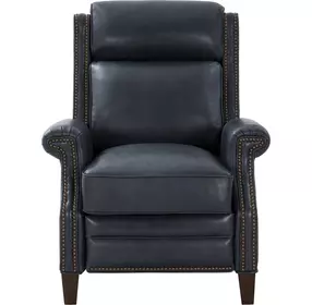 Barrett Barone Navy Blue Leather Lounge Power Recliner with USB Charging and Nailhead Trim