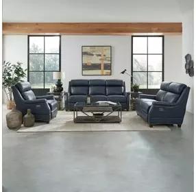 Warrendale Shoreham Blue Leather Power Reclining Living Room Set with Nailhead Trim and USB Charging