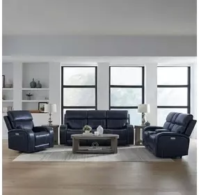 Glenwood Rainer Ocean Leather Lay Flat Power Reclining Living Room Set with USB Charging
