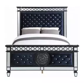 Varian II Dark Navy and Silver Queen Upholstered Panel Bed with Nailhead Trim