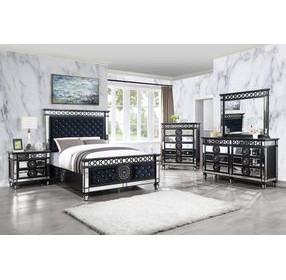 Varian II Dark Navy and Silver Upholstered Panel Bedroom Set with Nailhead Trim