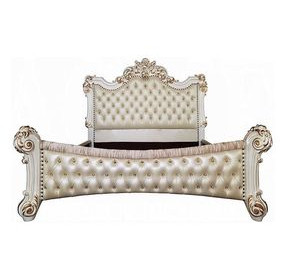 Vendome Beige and Antique Pearl King Upholstered Panel Bed with Nailhead Trim