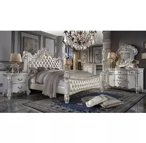 Vendome Beige and Antique Pearl Upholstered Bedroom Set with Nailhead Trim