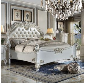 Vendome Beige and Antique Pearl California King Upholstered Panel Bed with Nailhead Trim