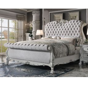 Dresden Bone White Queen Upholstered Sleigh Bed with Nailhead Trim
