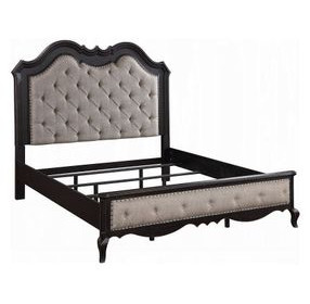 Chelmsford Beige and Antique Black California King Upholstered Panel Bed with Nailhead Trim
