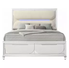 Tarian Cream and Pearl White Queen Upholstered Storage Panel Bed with LED