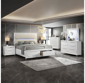 Tarian Cream and Pearl White Upholstered Storage Panel Bedroom Set with LED