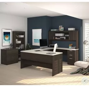 Ridgeley Dark Chocolate and White Chocolate U Shaped Desk with Lateral File and Bookcase