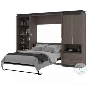 Orion Bark Gray And Graphite 118" Full Murphy Bed And Multifunctional Storage With Drawers