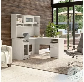 Cabot Linen White Oak 60" L Shaped Computer Home Office Set with Hutch