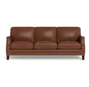 Camden Pecan Leather 87" Sofa with Nailhead Trim