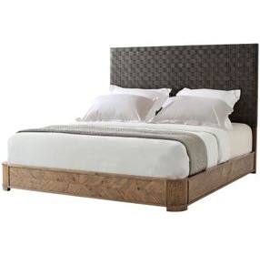 Echoes Light Echo Oak and Black Leather California King Upholstered Panel Bed