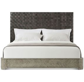 Echoes Gray Echo Oak and Black Leather California King Upholstered Panel Bed