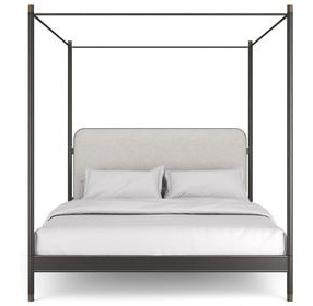 Campaign Brushed Deep Bronze and Champagne Gold Performance Fabric Upholstered King Canopy Bed