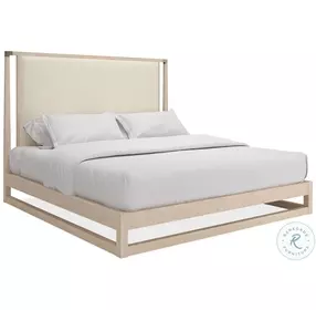 Pinstripe Ecru Shimmer And Sun Drenched Oak Upholstered King Platform Bed