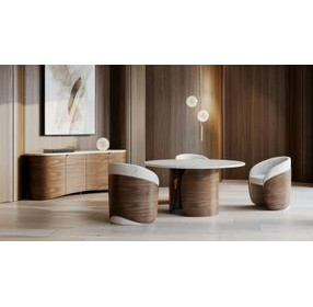 Fleur Porcini and Travertine Round Dining Room Set