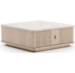 Rhythm Sun Drenched Oak and Neutral Metallic Square Cocktail Table with Travertine Top