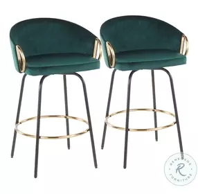 Claire Black Metal And Emerald Green Velvet With Gold Metal Accent Swivel Counter Height Stool Set Of 2