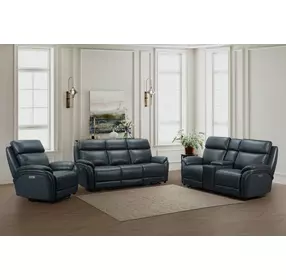 Corry Pretty G Dark Blue Leather Power Reclining Living Room Set with Power Lumbar and USB Charging