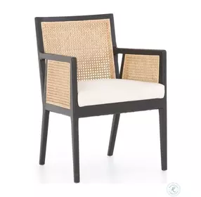 Antonia Savile Flax Cane and Brushed Ebony Performance Fabric Dining Arm Chair