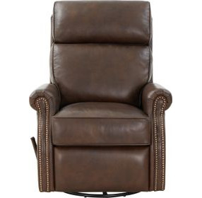 Crews Ashford Walnut Leather Swivel Glider Recliner with Nailhead Trim