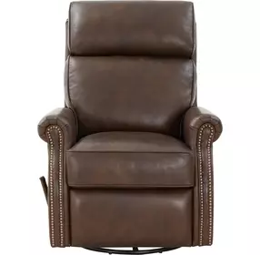 Crews Ashford Walnut Leather Swivel Glider Recliner with Nailhead Trim